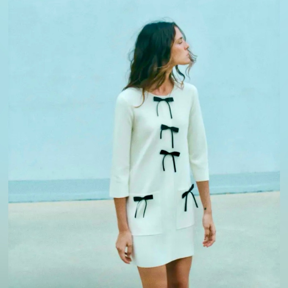 Zara✨Short Knit Dress ✨With Bows-White ✨🎀